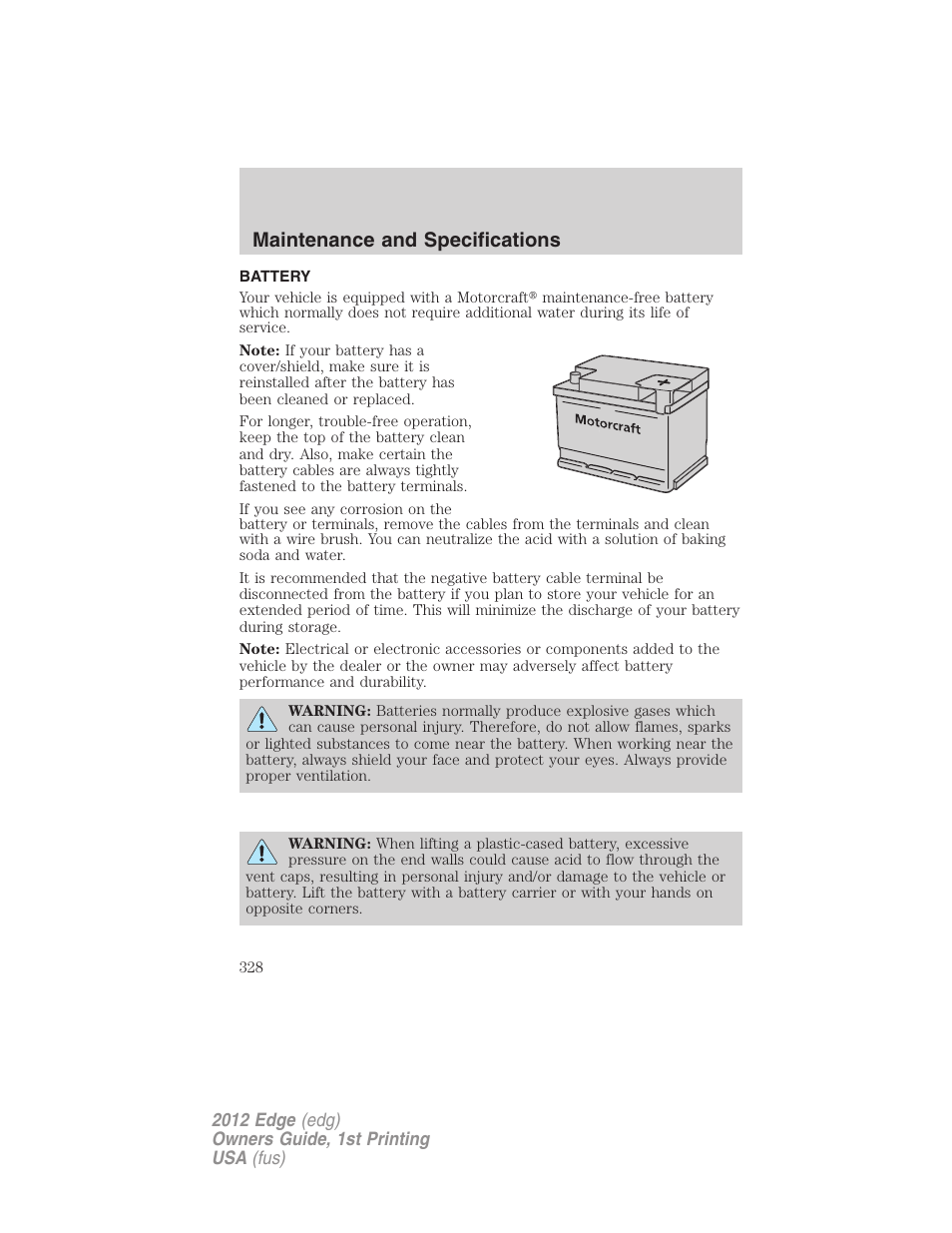 Battery, Maintenance and specifications | FORD 2012 Edge User Manual | Page 328 / 396