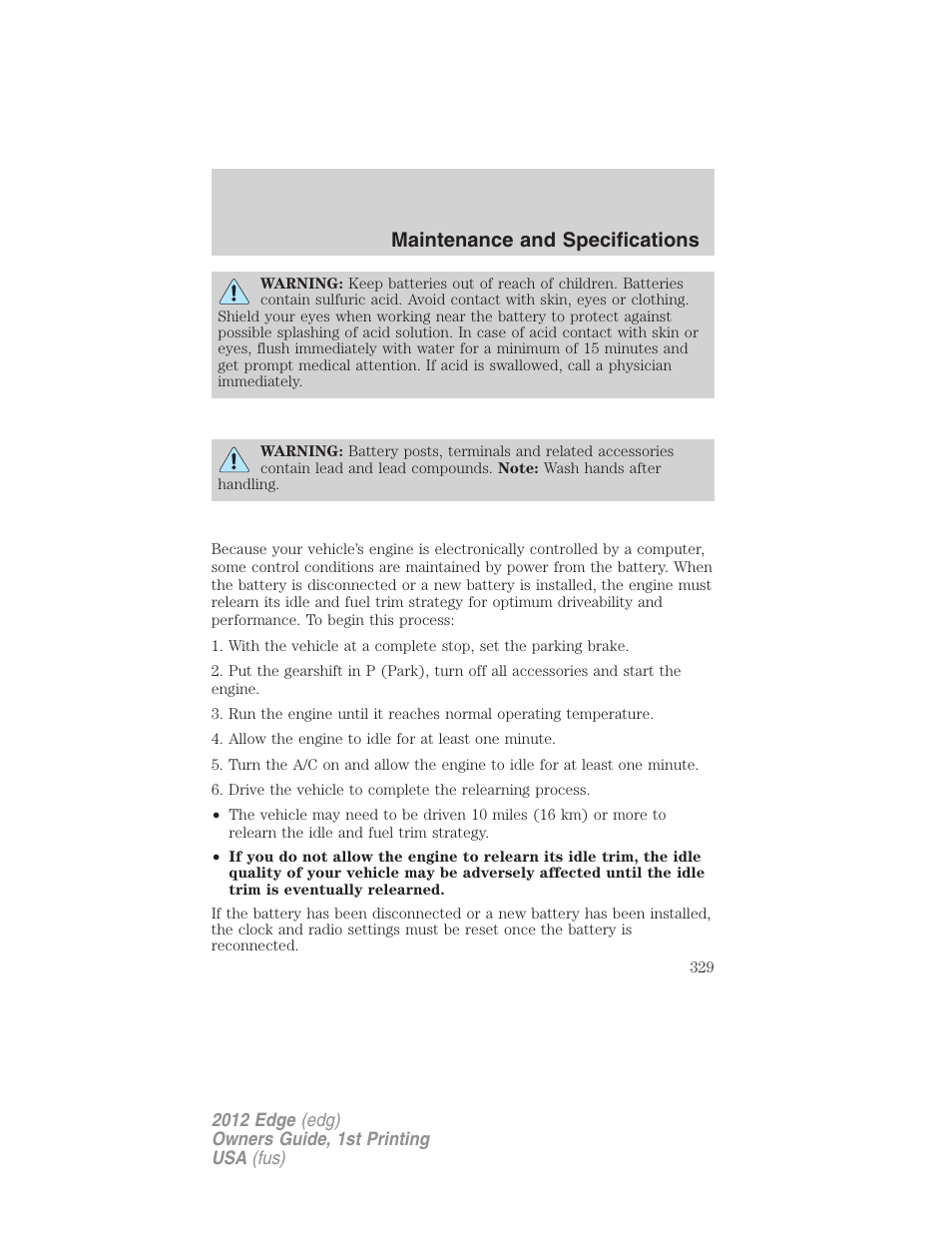 Maintenance and specifications | FORD 2012 Edge User Manual | Page 329 / 396