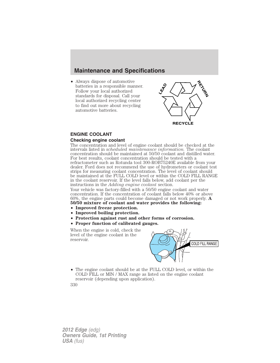 Engine coolant, Checking engine coolant, Maintenance and specifications | FORD 2012 Edge User Manual | Page 330 / 396