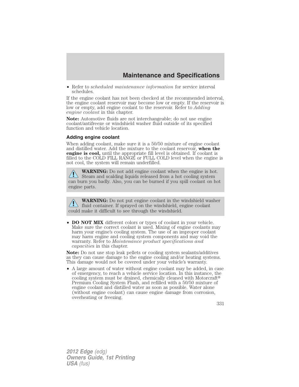 Adding engine coolant, Maintenance and specifications | FORD 2012 Edge User Manual | Page 331 / 396