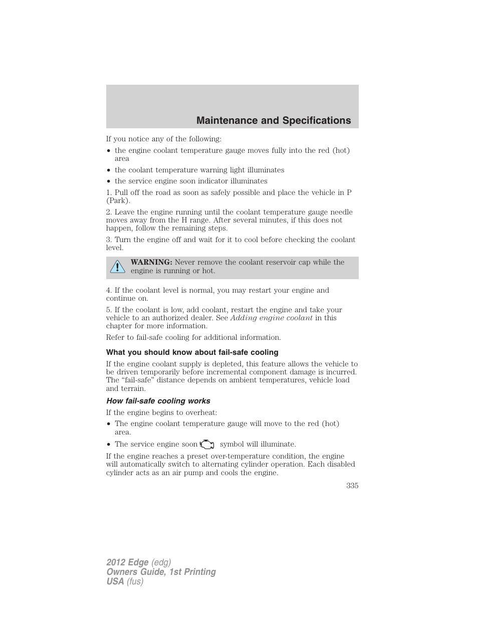 What you should know about fail-safe cooling, How fail-safe cooling works, Maintenance and specifications | FORD 2012 Edge User Manual | Page 335 / 396