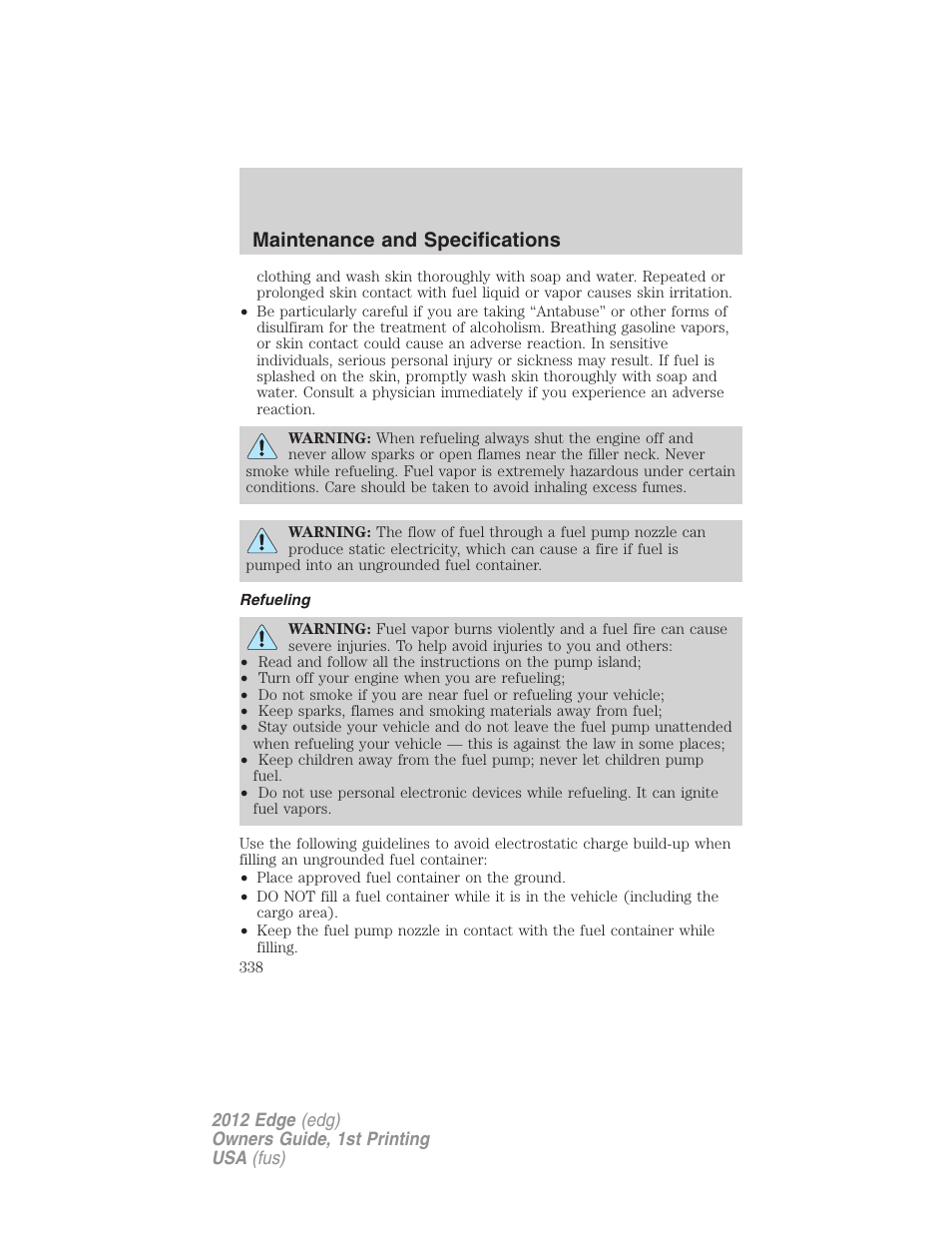 Refueling, Maintenance and specifications | FORD 2012 Edge User Manual | Page 338 / 396