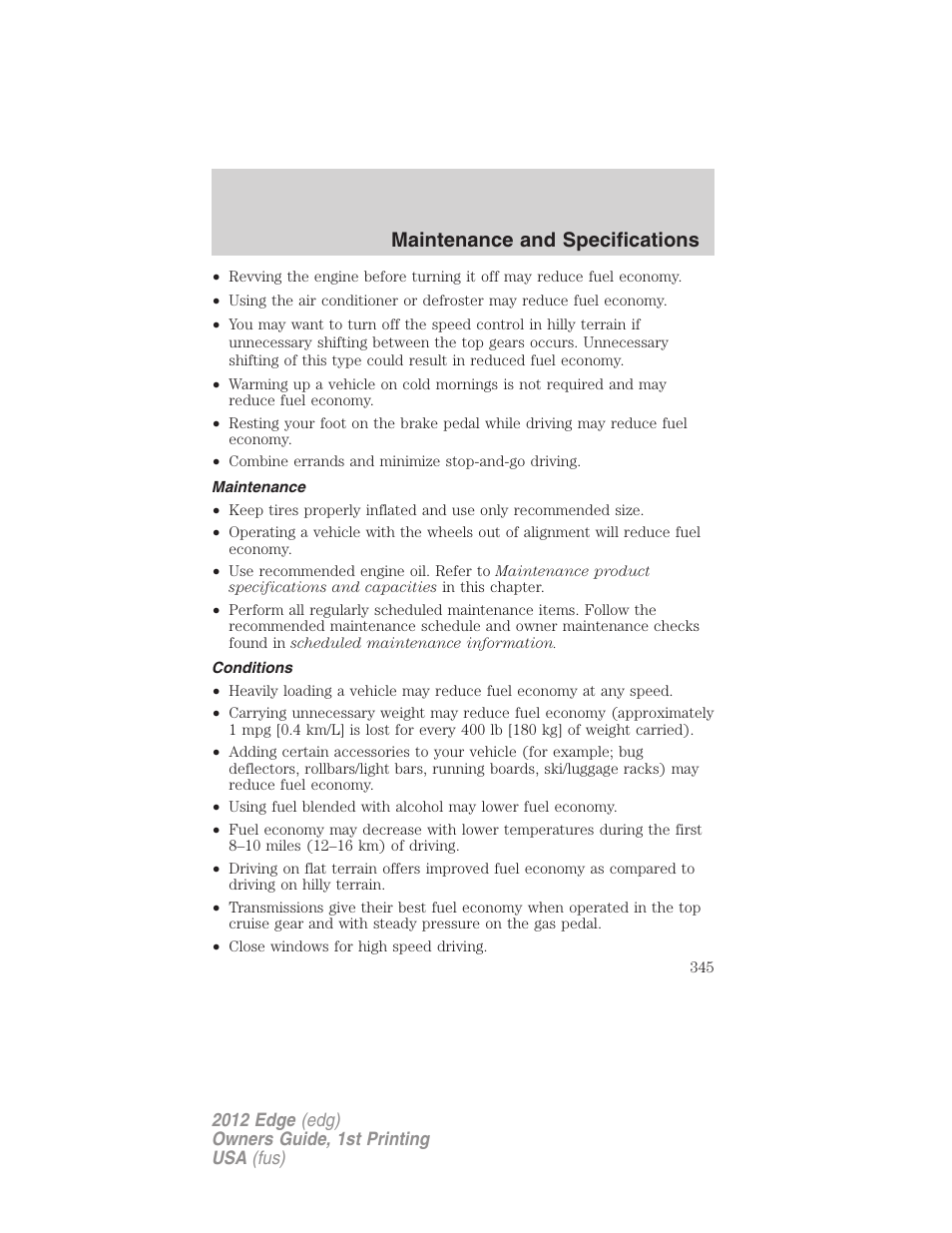 Maintenance, Conditions, Maintenance and specifications | FORD 2012 Edge User Manual | Page 345 / 396