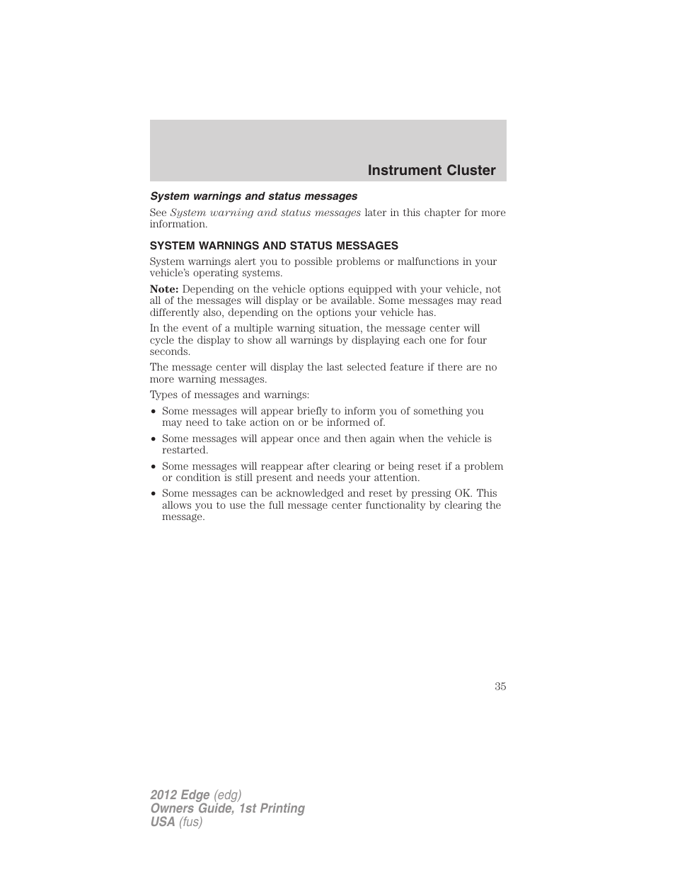 System warnings and status messages, Instrument cluster | FORD 2012 Edge User Manual | Page 35 / 396