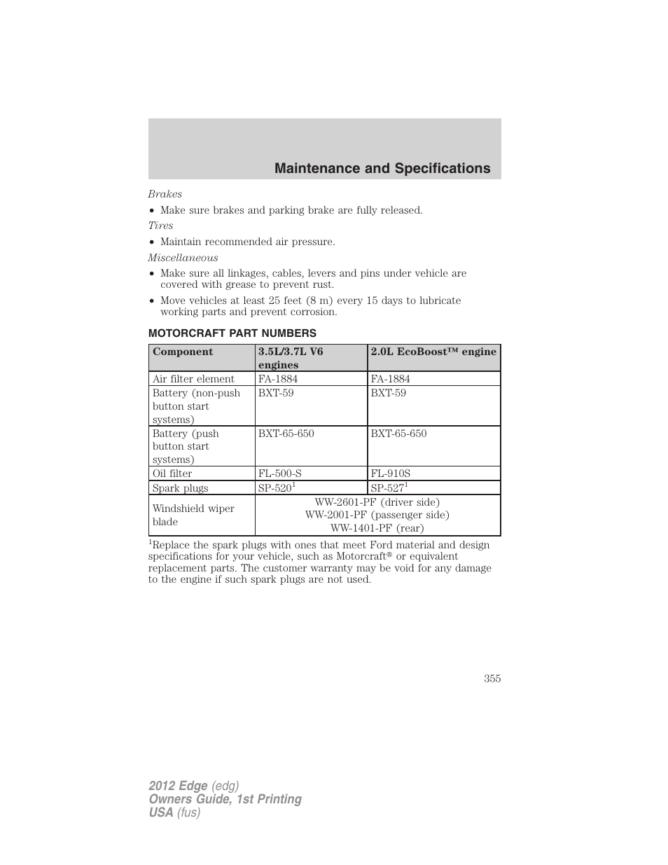 Motorcraft part numbers, Part numbers, Maintenance and specifications | FORD 2012 Edge User Manual | Page 355 / 396