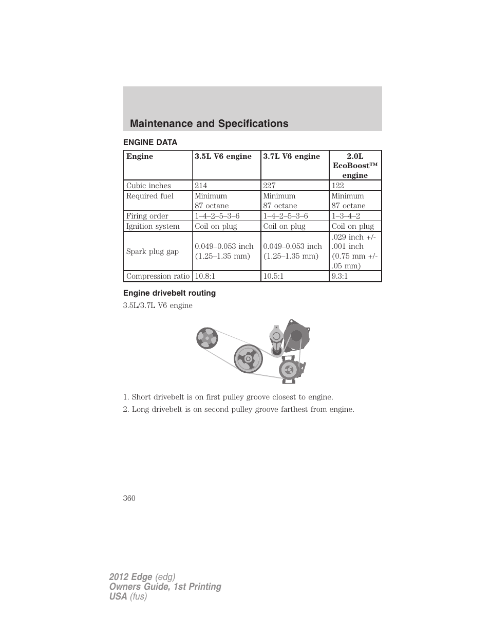 Engine data, Engine drivebelt routing, Maintenance and specifications | FORD 2012 Edge User Manual | Page 360 / 396