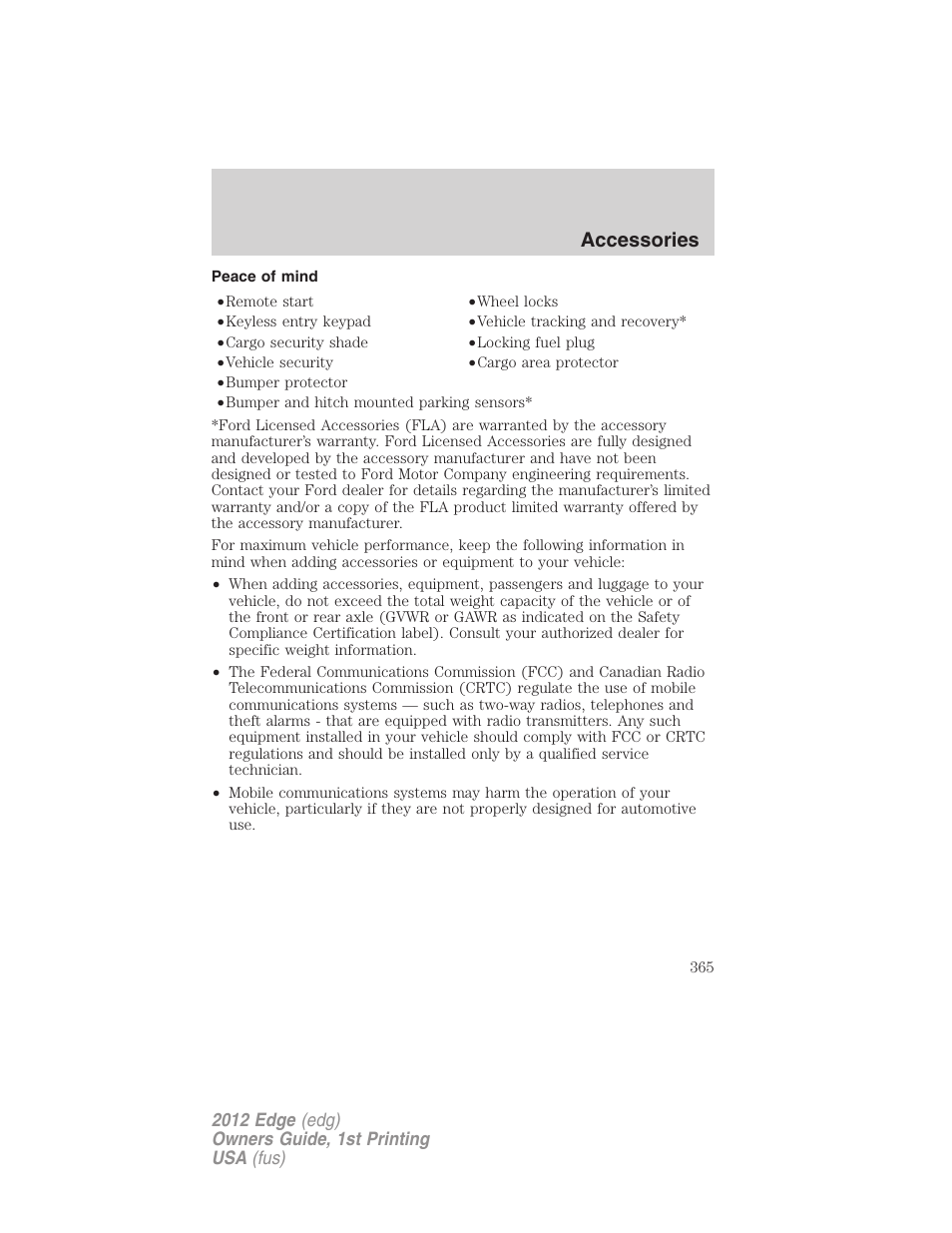 Peace of mind, Accessories | FORD 2012 Edge User Manual | Page 365 / 396