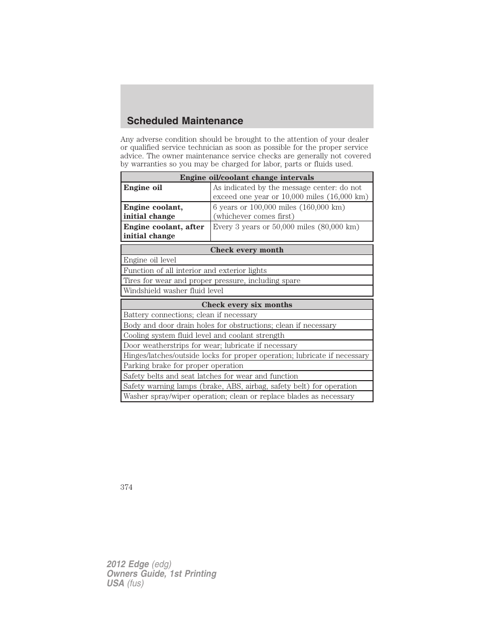 Scheduled maintenance | FORD 2012 Edge User Manual | Page 374 / 396