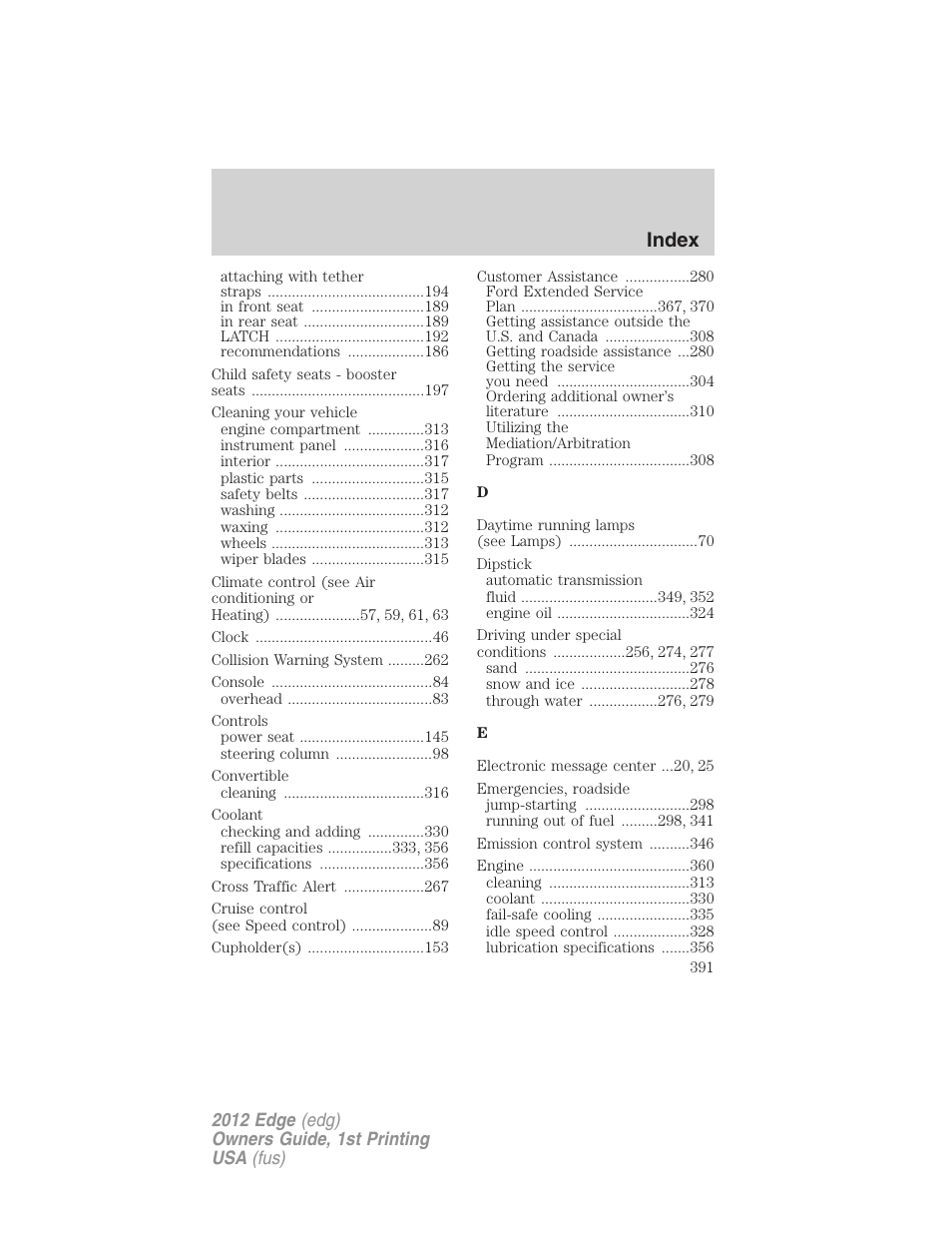 Index | FORD 2012 Edge User Manual | Page 391 / 396