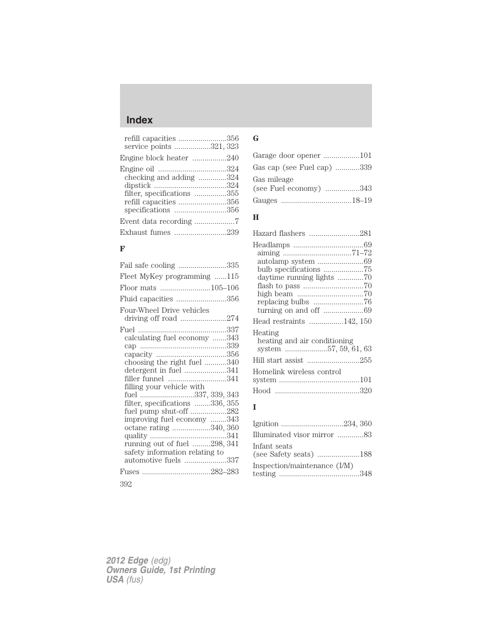 Index | FORD 2012 Edge User Manual | Page 392 / 396