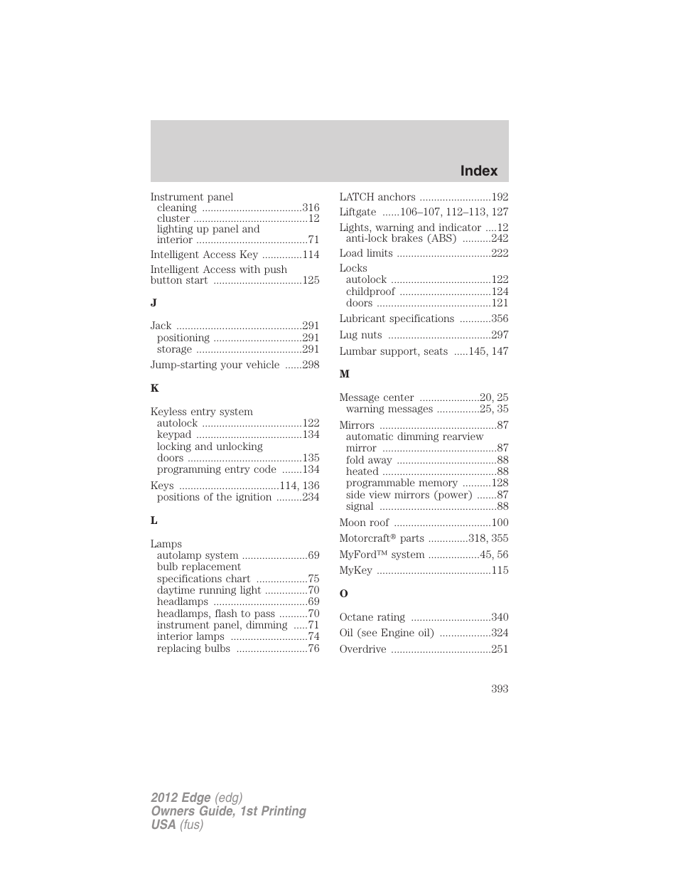 Index | FORD 2012 Edge User Manual | Page 393 / 396