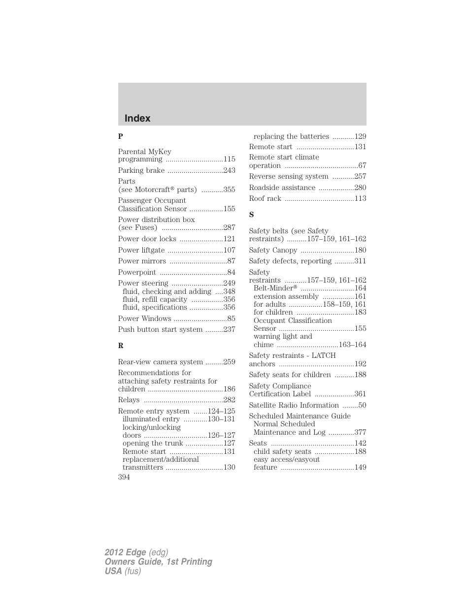 Index | FORD 2012 Edge User Manual | Page 394 / 396