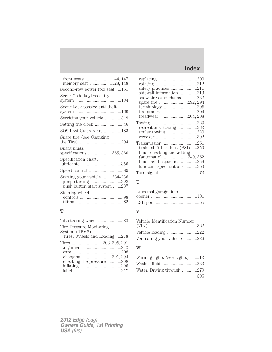 Index | FORD 2012 Edge User Manual | Page 395 / 396