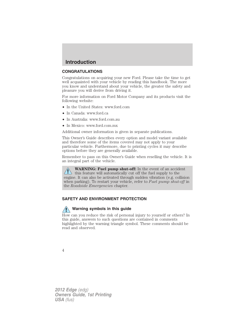 Introduction, Congratulations, Safety and environment protection | Warning symbols in this guide | FORD 2012 Edge User Manual | Page 4 / 396