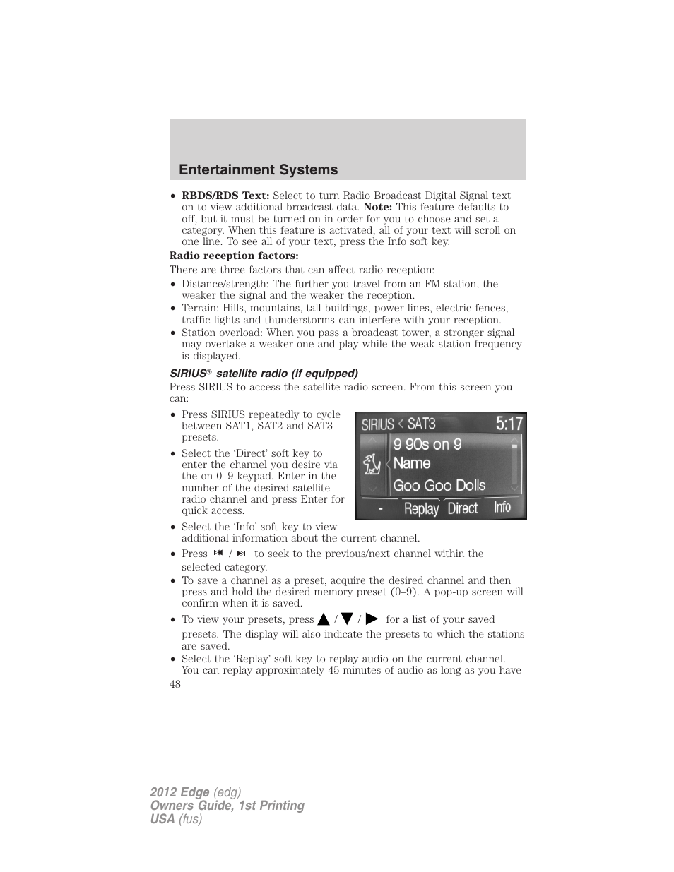 Sirius? satellite radio (if equipped), Entertainment systems | FORD 2012 Edge User Manual | Page 48 / 396