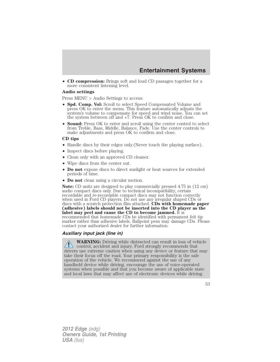 Auxiliary input jack (line in), Entertainment systems | FORD 2012 Edge User Manual | Page 53 / 396