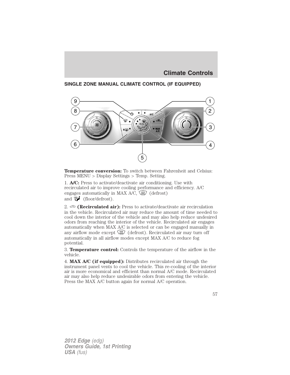 Climate controls, Single zone manual climate control (if equipped), Manual heating and air conditioning | FORD 2012 Edge User Manual | Page 57 / 396