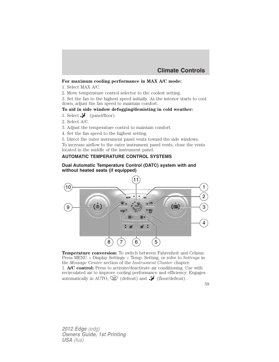 Automatic temperature control systems, Automatic temperature control, Climate controls | FORD 2012 Edge User Manual | Page 59 / 396