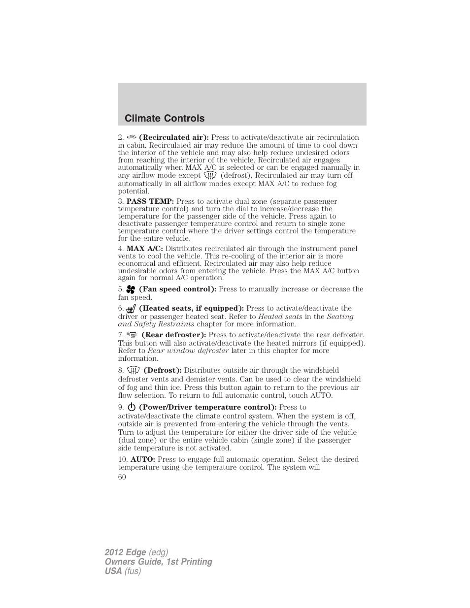 Climate controls | FORD 2012 Edge User Manual | Page 60 / 396