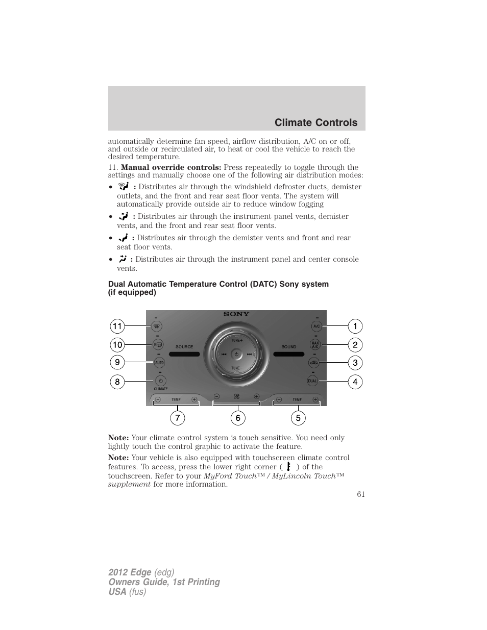 Climate controls | FORD 2012 Edge User Manual | Page 61 / 396