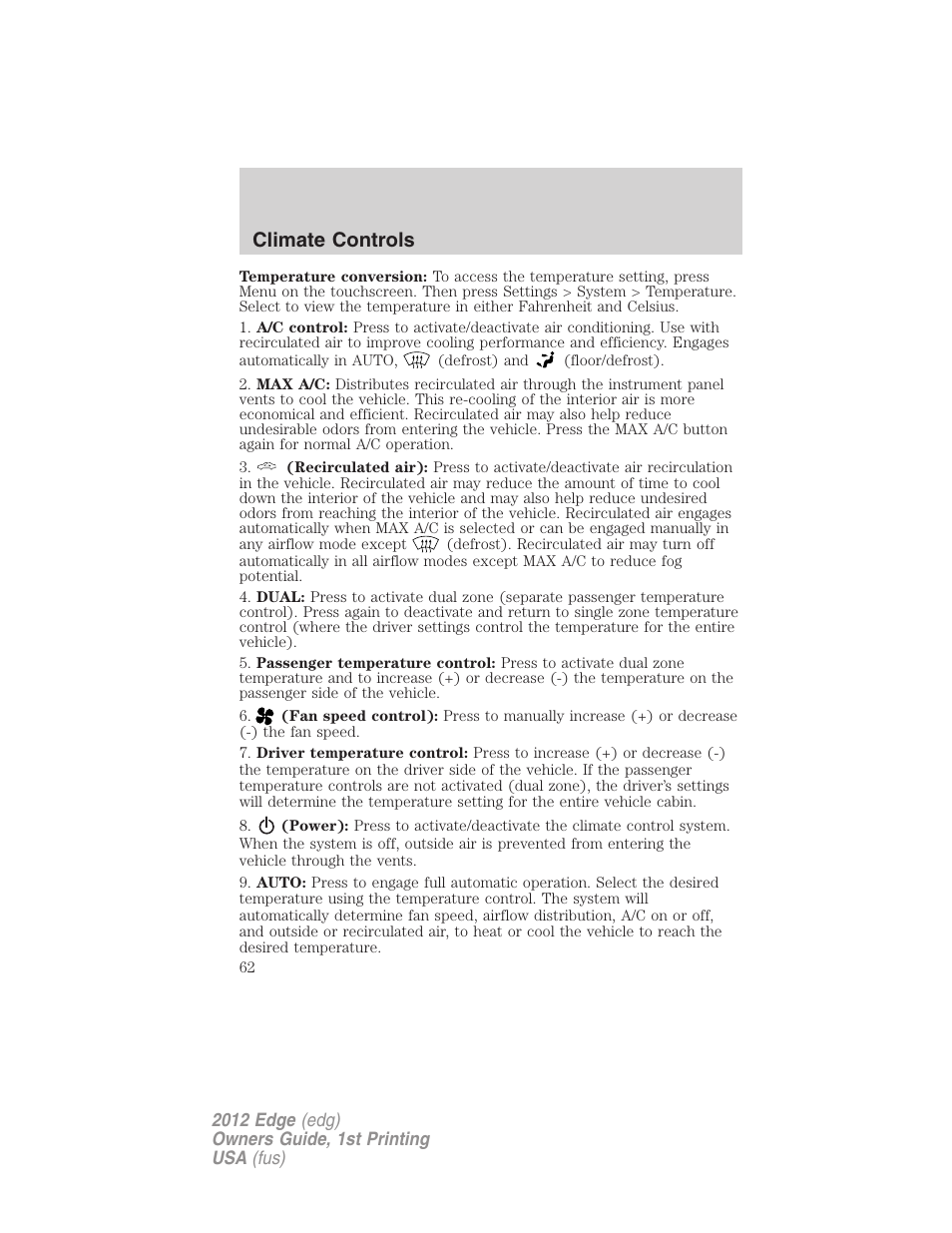 Climate controls | FORD 2012 Edge User Manual | Page 62 / 396