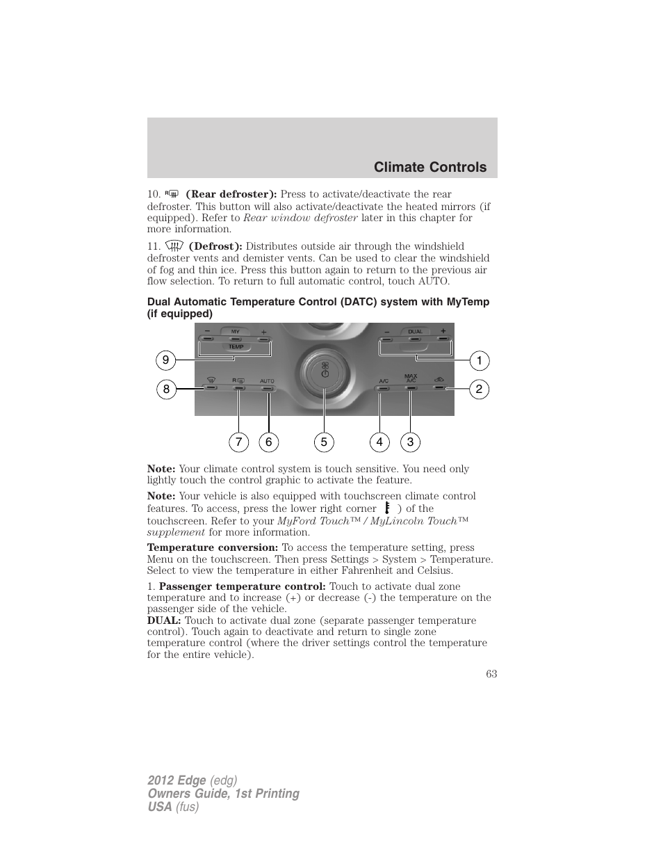 Climate controls | FORD 2012 Edge User Manual | Page 63 / 396