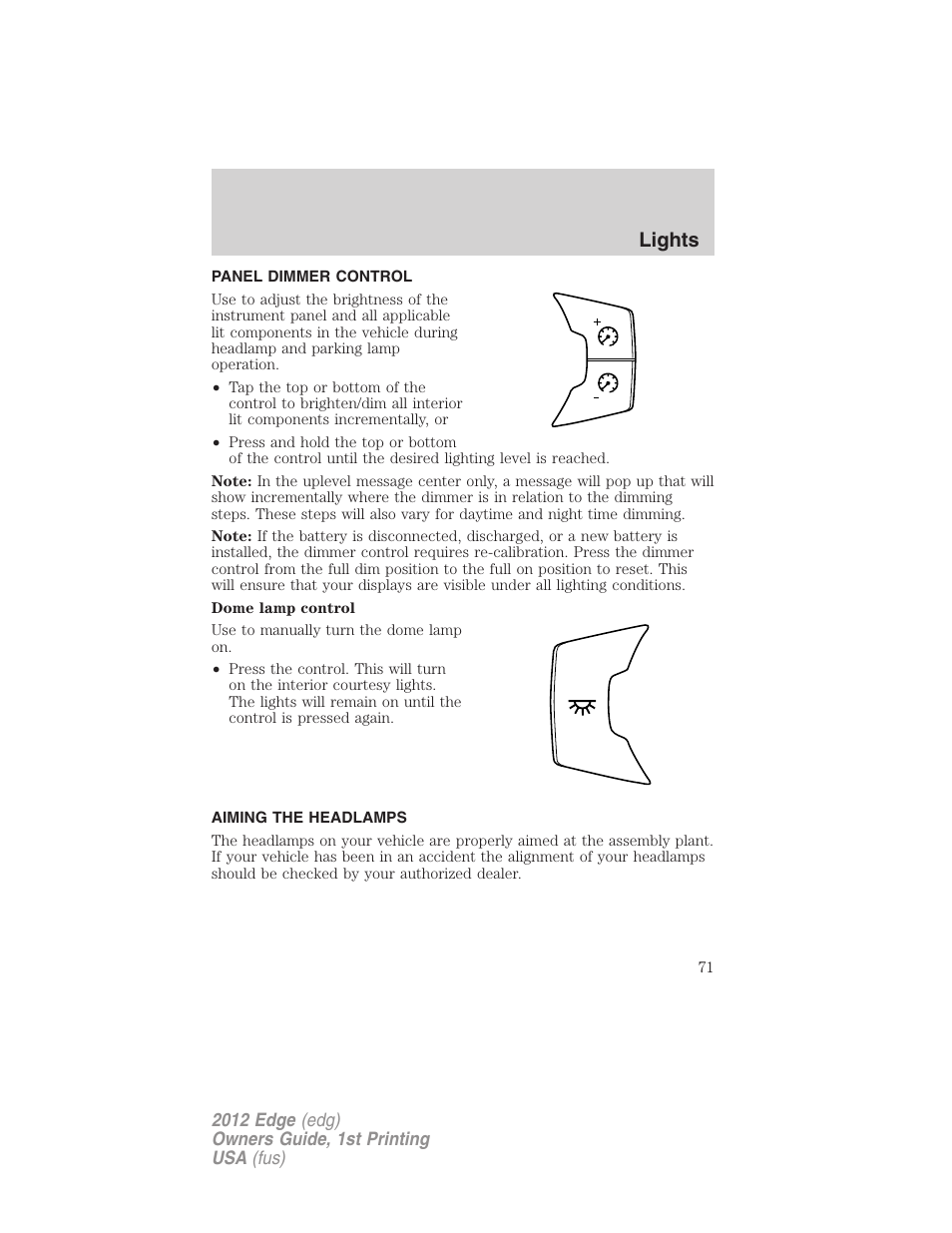 Panel dimmer control, Aiming the headlamps, Lights | FORD 2012 Edge User Manual | Page 71 / 396