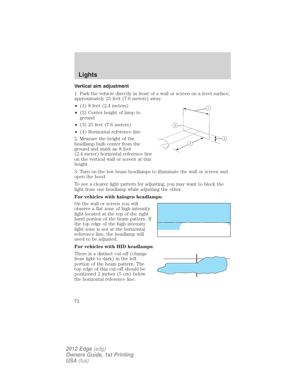 Vertical aim adjustment, Lights | FORD 2012 Edge User Manual | Page 72 / 396