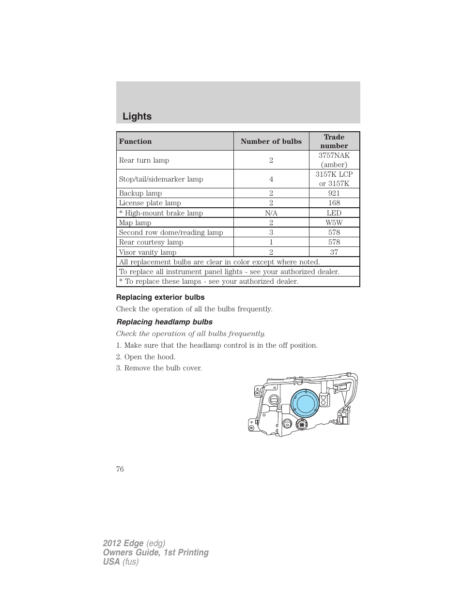 Replacing exterior bulbs, Replacing headlamp bulbs, Lights | FORD 2012 Edge User Manual | Page 76 / 396