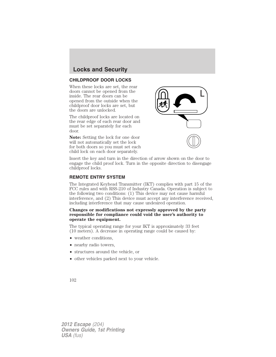 Childproof door locks, Remote entry system, Locks and security | FORD 2012 Escape v.1 User Manual | Page 102 / 361