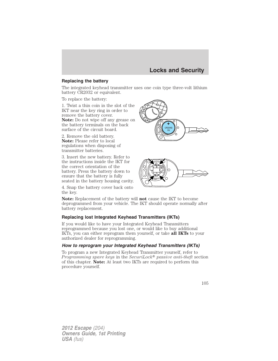 Replacing the battery, Locks and security | FORD 2012 Escape v.1 User Manual | Page 105 / 361
