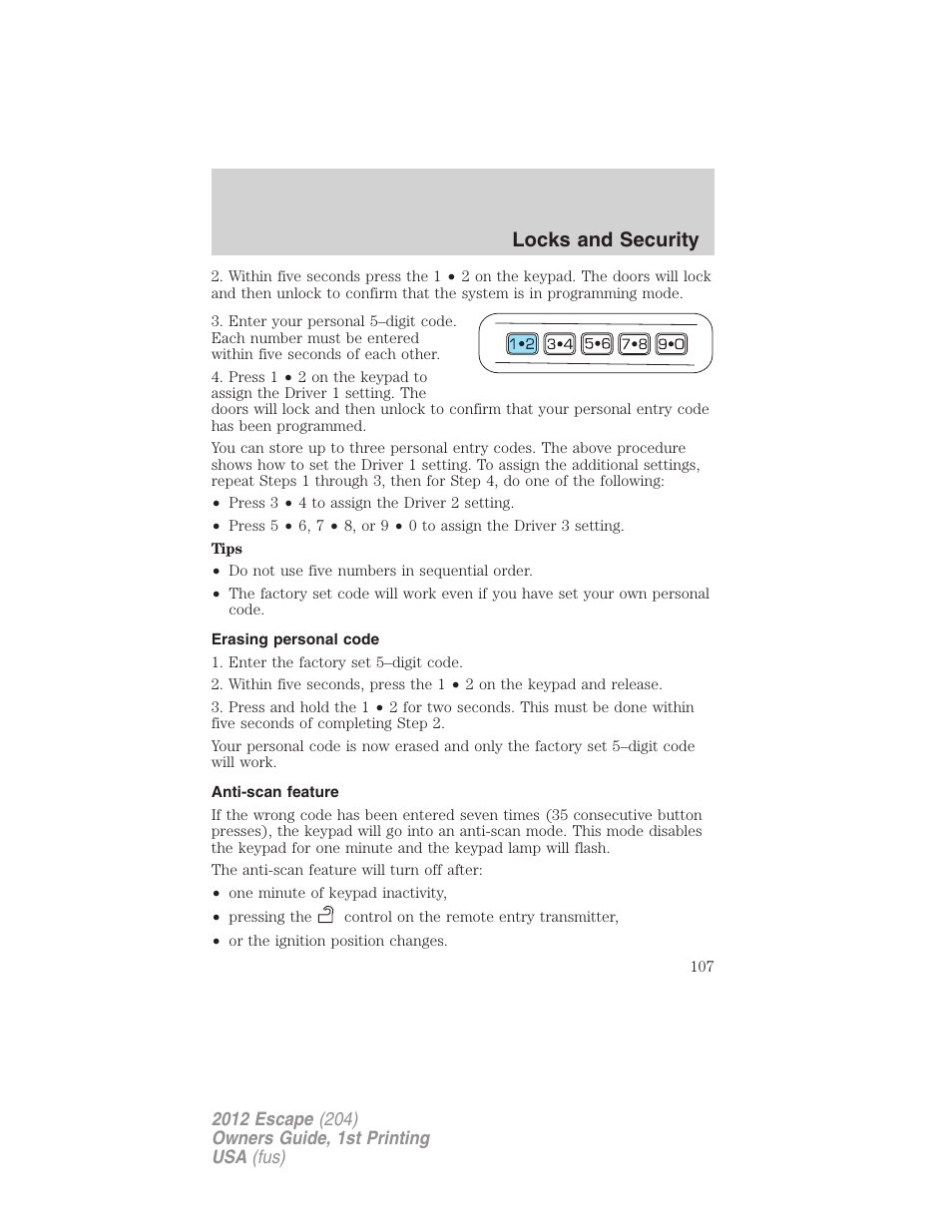 Erasing personal code, Anti-scan feature, Locks and security | FORD 2012 Escape v.1 User Manual | Page 107 / 361