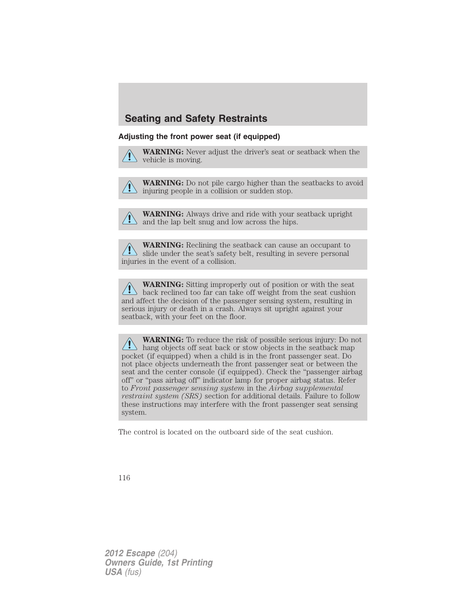 Adjusting the front power seat (if equipped), Seating and safety restraints | FORD 2012 Escape v.1 User Manual | Page 116 / 361