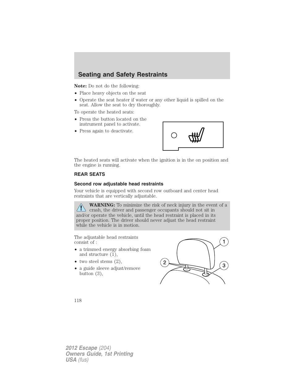 Rear seats, Second row adjustable head restraints, Seating and safety restraints | FORD 2012 Escape v.1 User Manual | Page 118 / 361