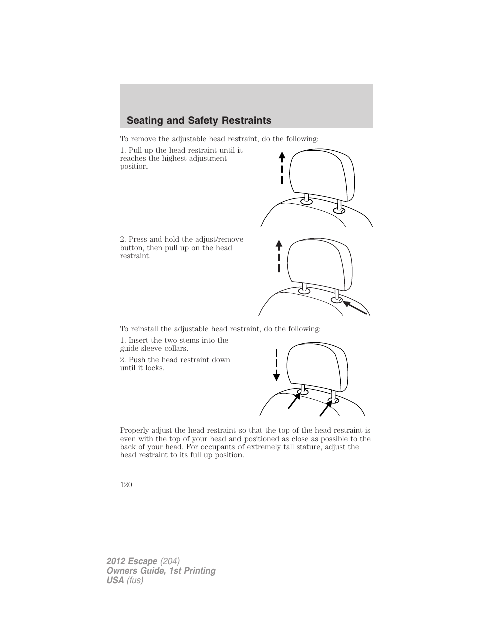 Seating and safety restraints | FORD 2012 Escape v.1 User Manual | Page 120 / 361