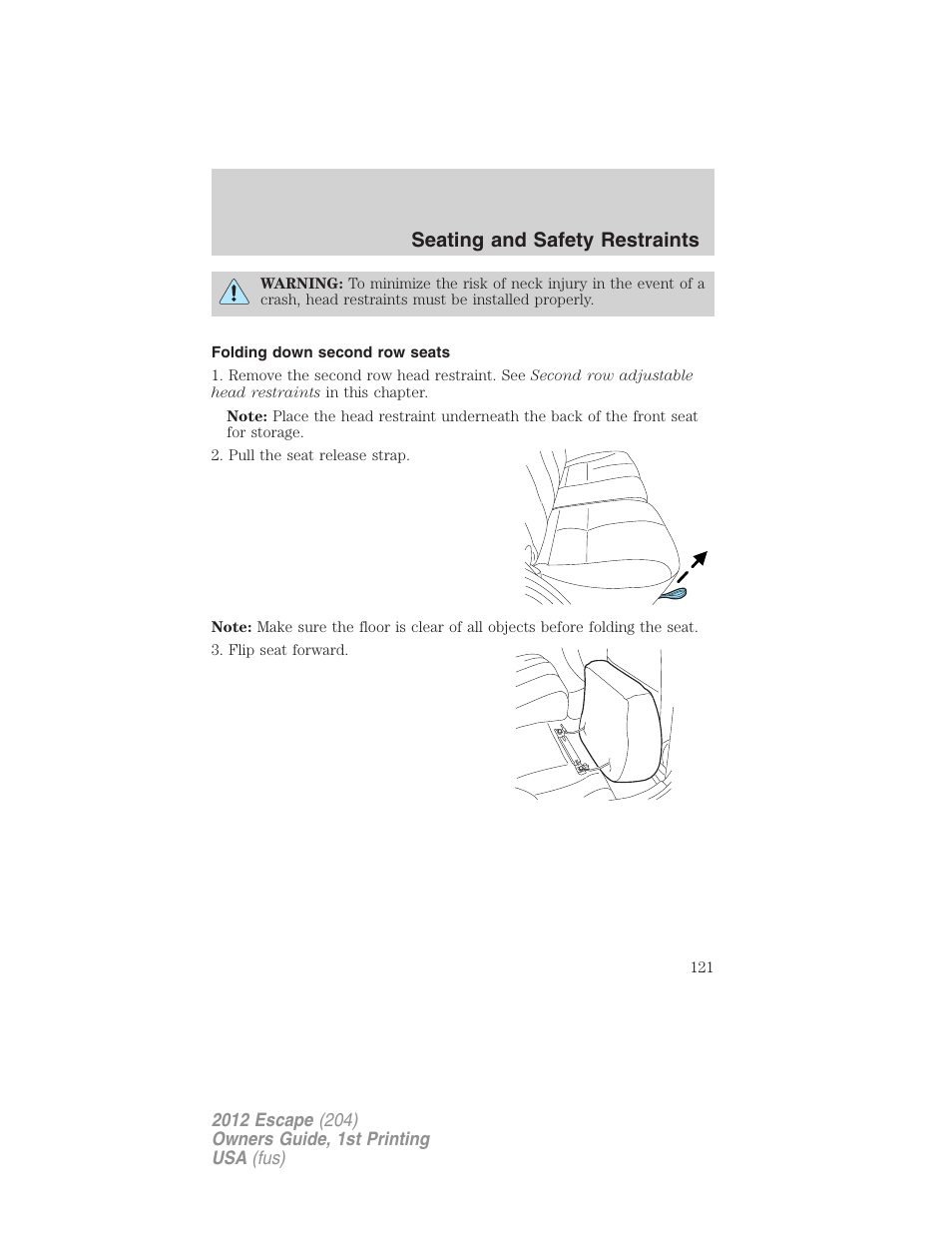 Folding down second row seats, Seating and safety restraints | FORD 2012 Escape v.1 User Manual | Page 121 / 361