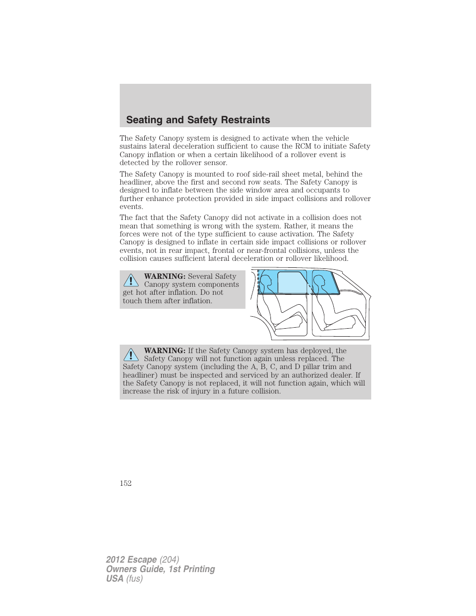 Seating and safety restraints | FORD 2012 Escape v.1 User Manual | Page 152 / 361