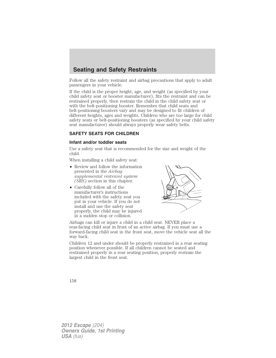 Safety seats for children, Infant and/or toddler seats, Seating and safety restraints | FORD 2012 Escape v.1 User Manual | Page 158 / 361