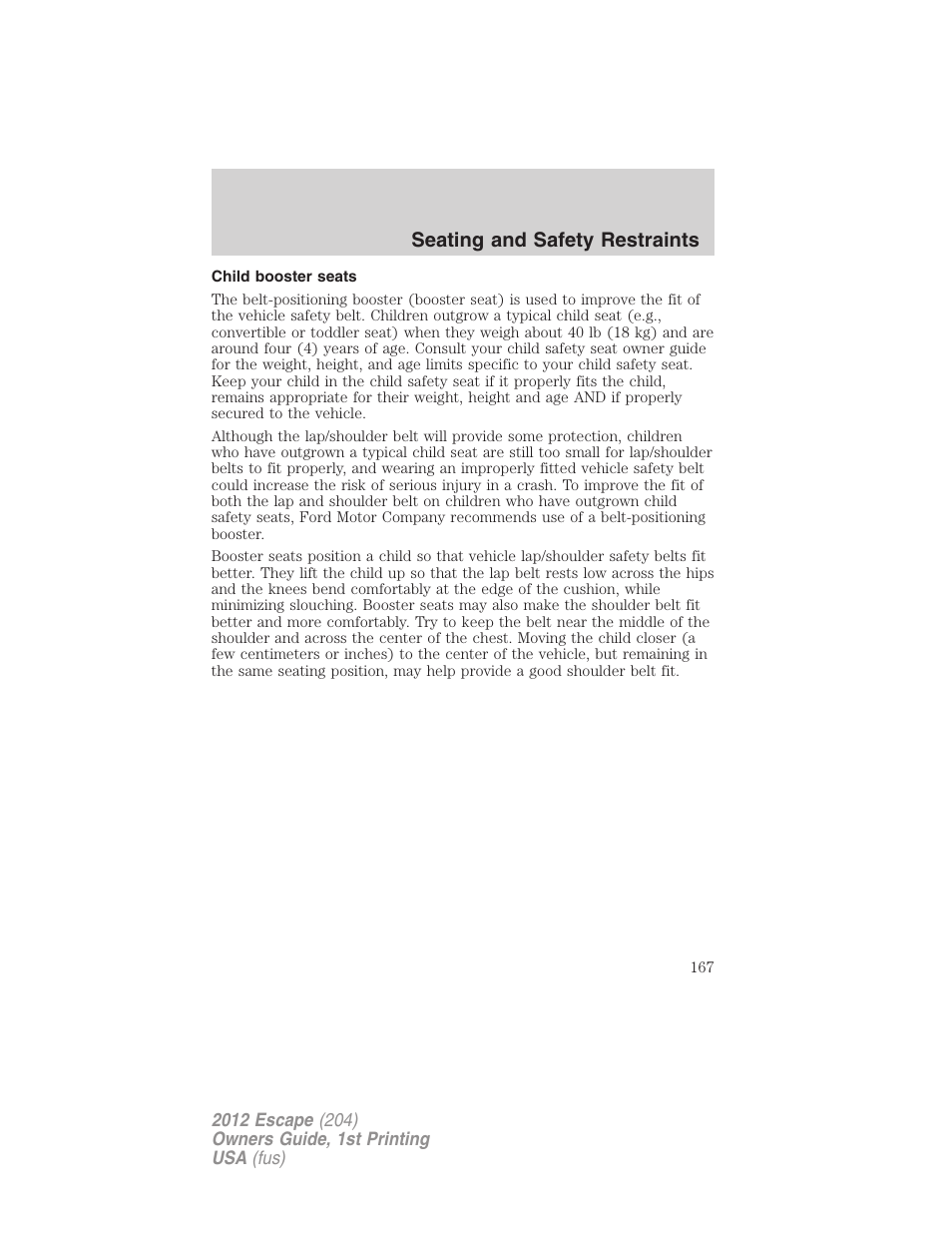 Child booster seats, Seating and safety restraints | FORD 2012 Escape v.1 User Manual | Page 167 / 361