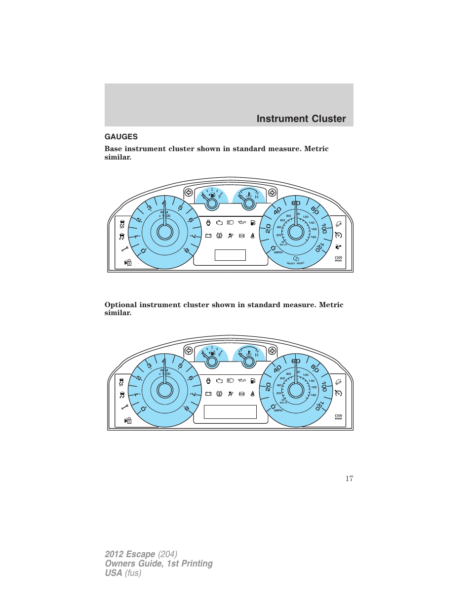 Gauges, Instrument cluster | FORD 2012 Escape v.1 User Manual | Page 17 / 361