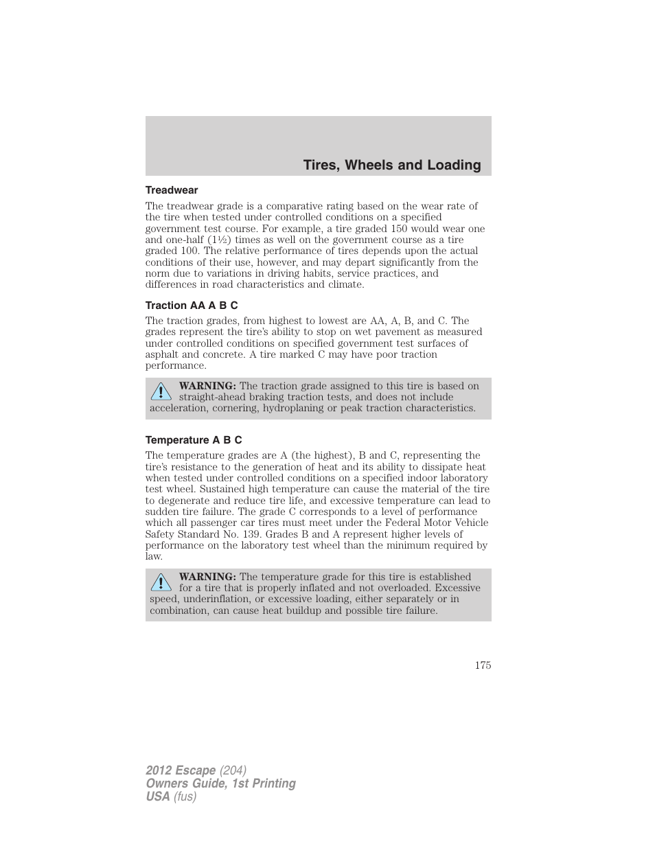 Treadwear, Traction aa a b c, Temperature a b c | Tires, wheels and loading | FORD 2012 Escape v.1 User Manual | Page 175 / 361