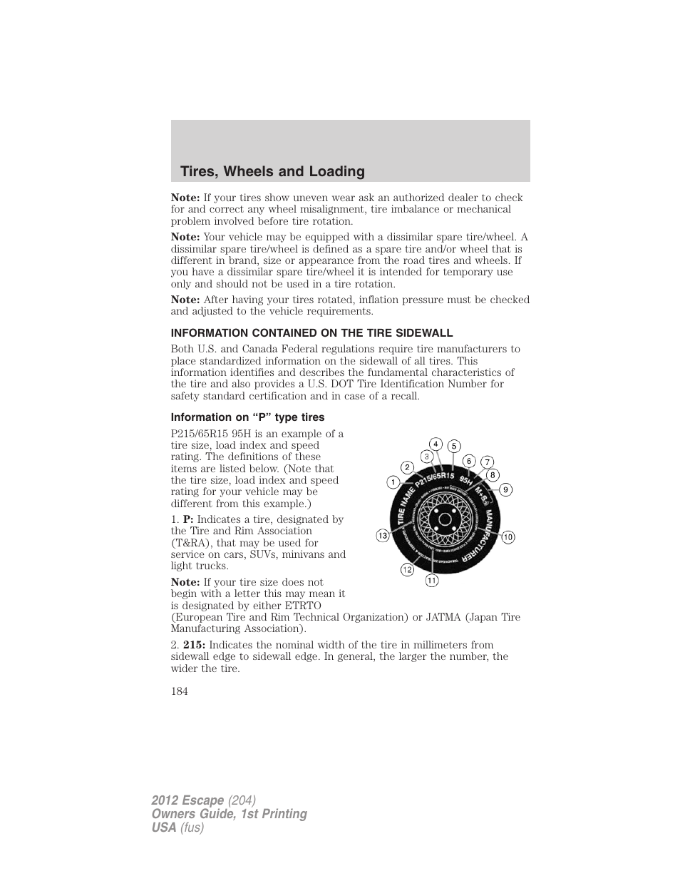 Information contained on the tire sidewall, Information on “p” type tires, Tires, wheels and loading | FORD 2012 Escape v.1 User Manual | Page 184 / 361