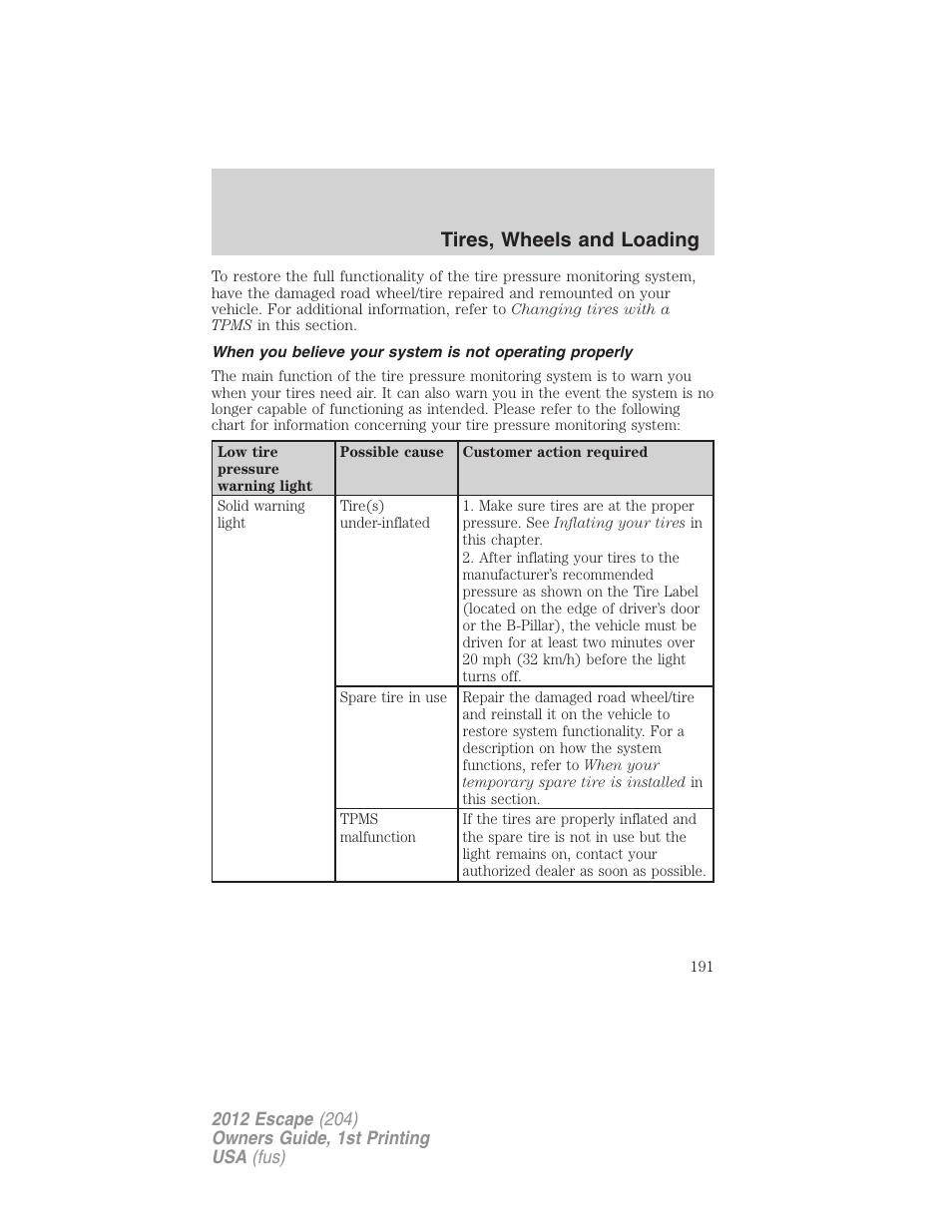 Tires, wheels and loading | FORD 2012 Escape v.1 User Manual | Page 191 / 361