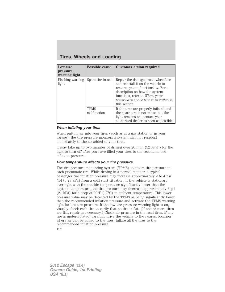 When inflating your tires, How temperature affects your tire pressure, Tires, wheels and loading | FORD 2012 Escape v.1 User Manual | Page 192 / 361