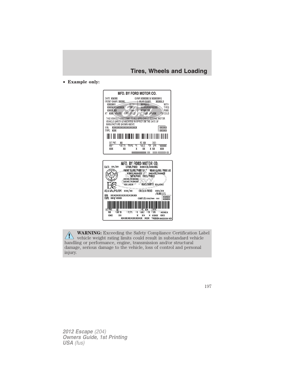 Tires, wheels and loading | FORD 2012 Escape v.1 User Manual | Page 197 / 361