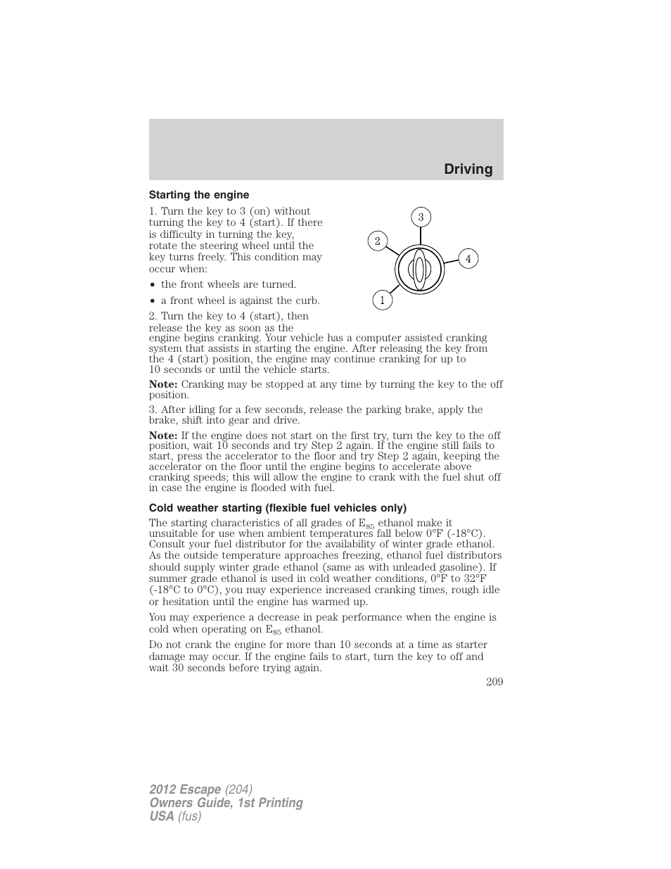 Starting the engine, Driving | FORD 2012 Escape v.1 User Manual | Page 209 / 361