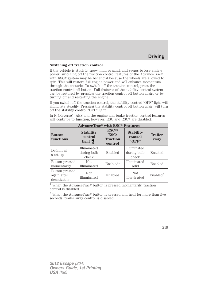 Driving | FORD 2012 Escape v.1 User Manual | Page 219 / 361