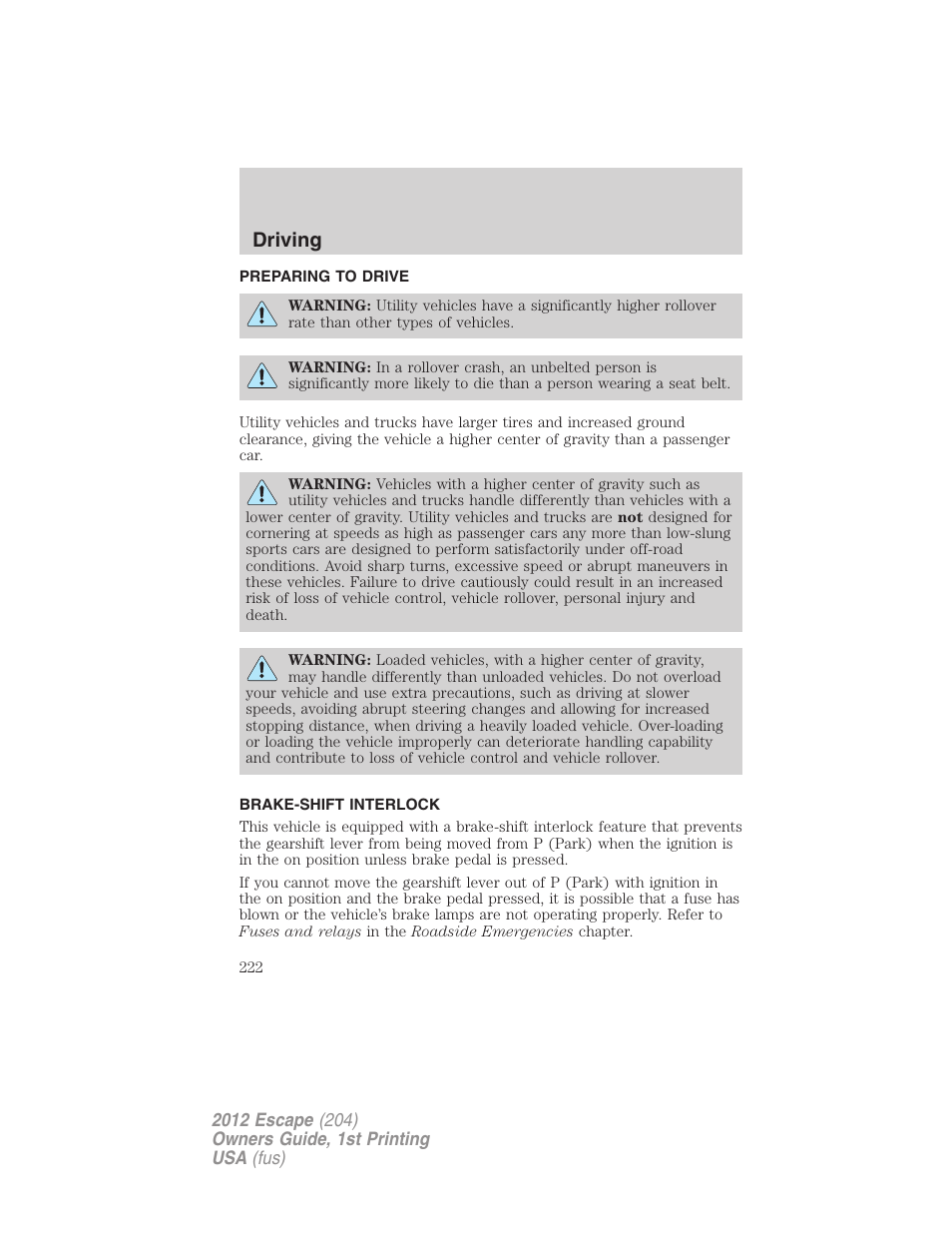 Preparing to drive, Brake-shift interlock, Driving | FORD 2012 Escape v.1 User Manual | Page 222 / 361