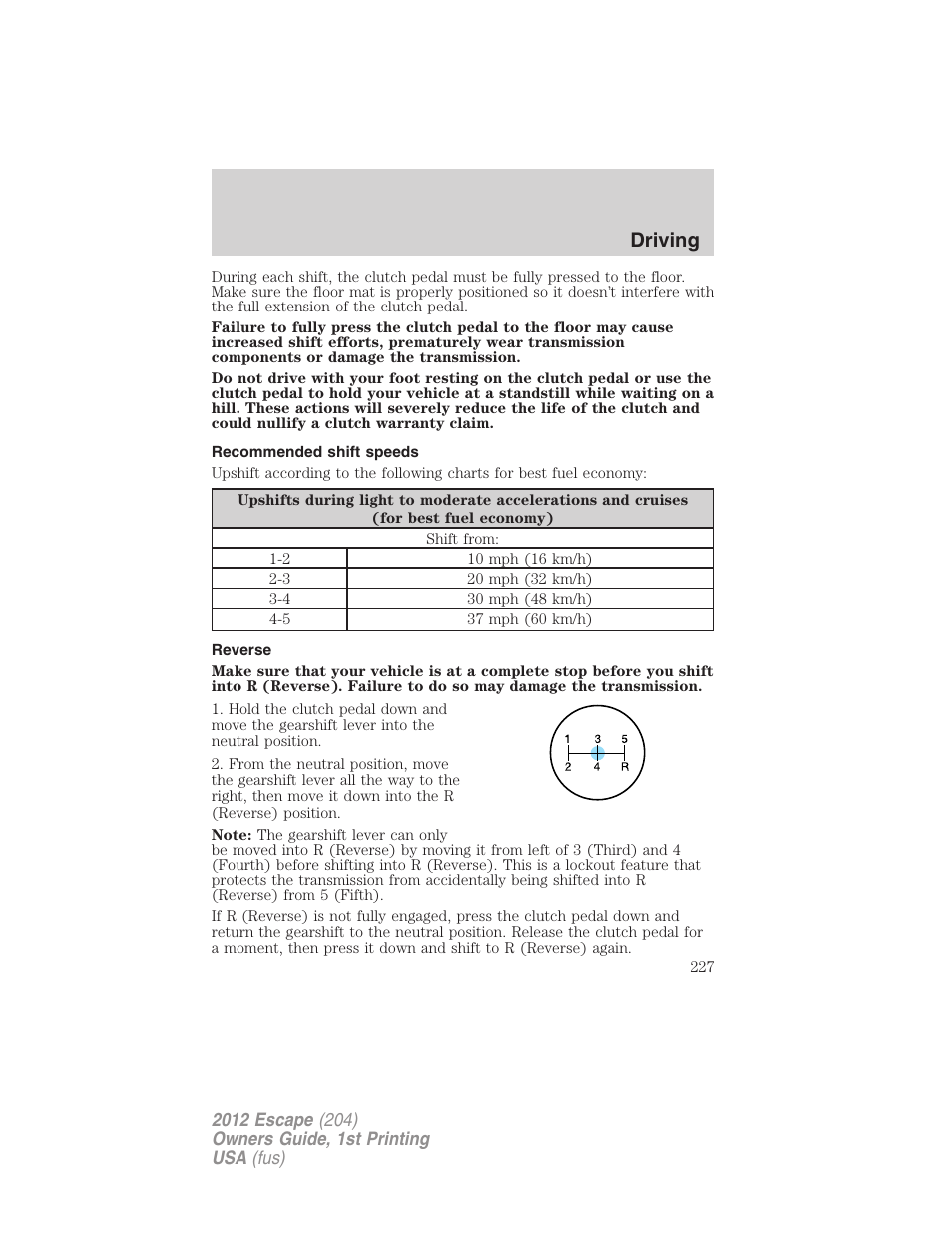 Recommended shift speeds, Reverse, Driving | FORD 2012 Escape v.1 User Manual | Page 227 / 361