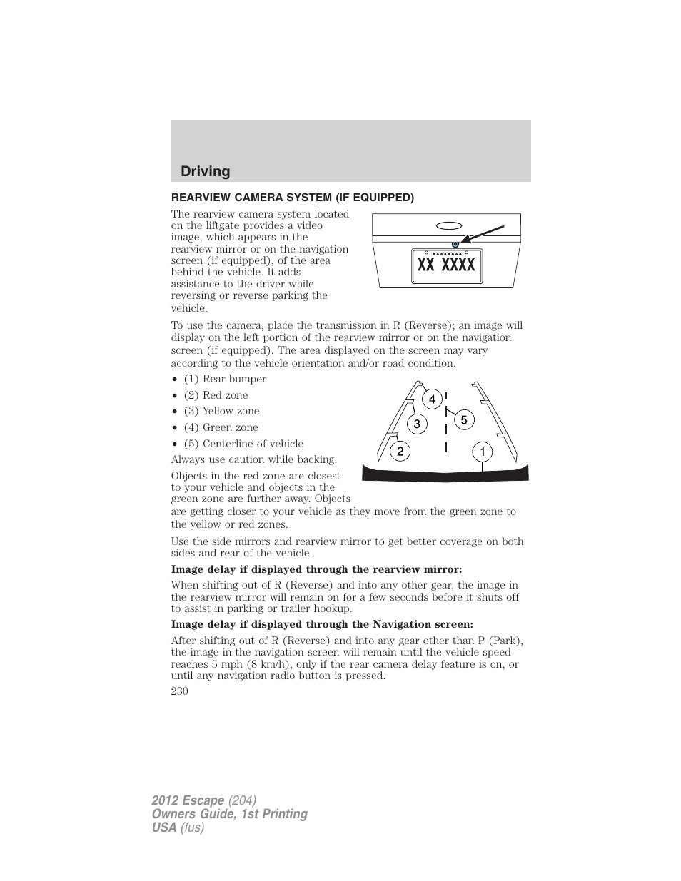 Rearview camera system (if equipped), Rear-view camera system, Driving | FORD 2012 Escape v.1 User Manual | Page 230 / 361